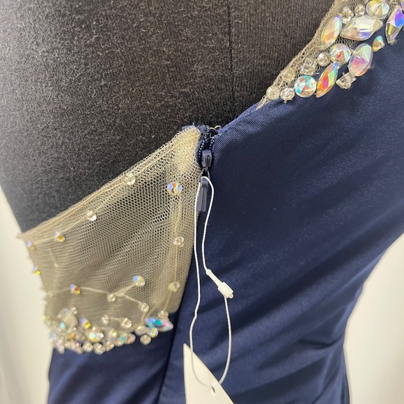 Val Stefani Prom Navy Blue One Shoulder Beaded Mesh Cutout Gown Size 6 Formal - Picture 6 of 13